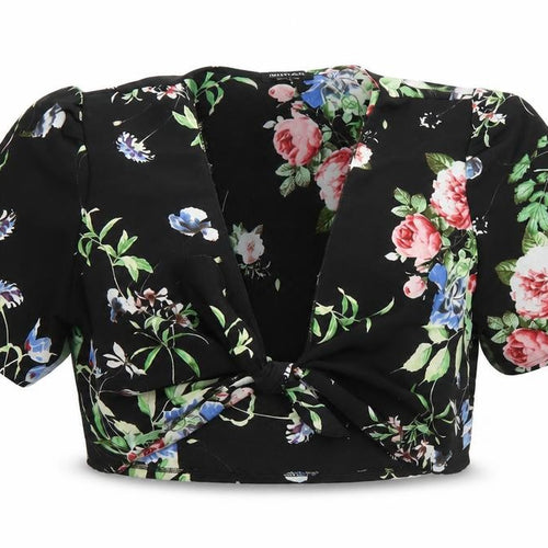 Nasty Gal Womens Black Floral Polyester Cropped Blouse Size S V-Neck