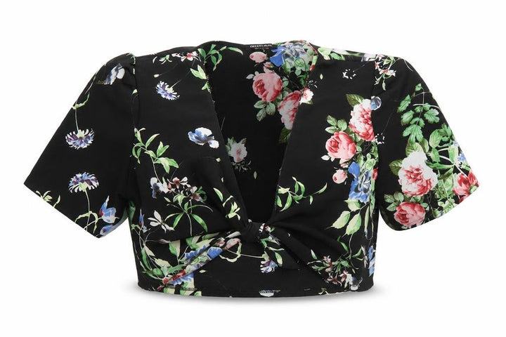 Nasty Gal Womens Black Floral Polyester Cropped Blouse Size S V-Neck