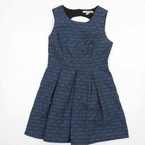 FOREVER 21 Womens Blue Geometric Cotton Fit & Flare Size M Scoop Neck Zip