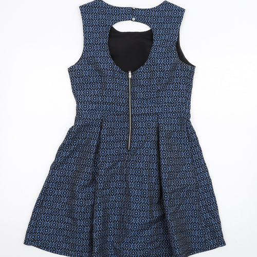 FOREVER 21 Womens Blue Geometric Cotton Fit & Flare Size M Scoop Neck Zip