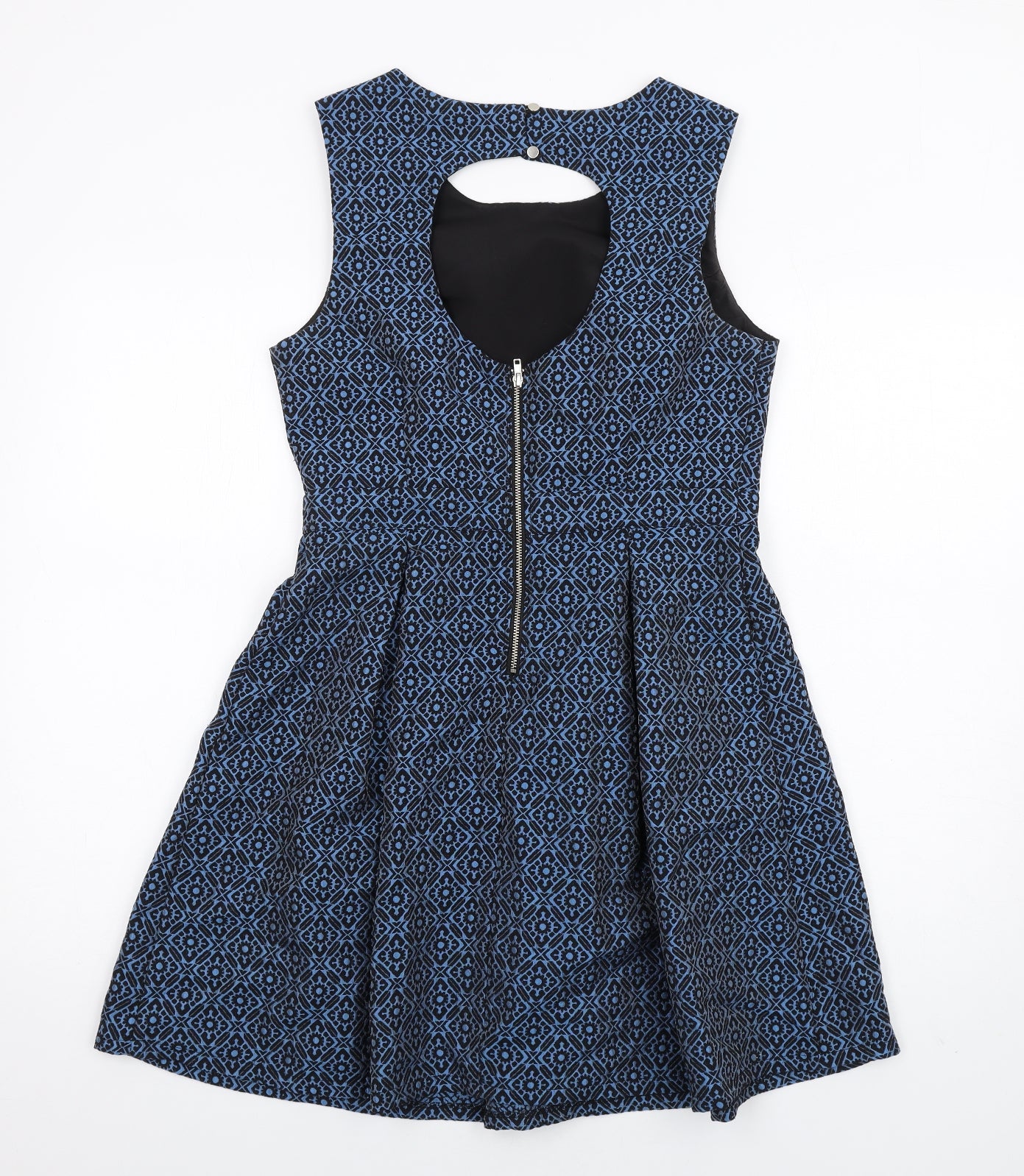 FOREVER 21 Womens Blue Geometric Cotton Fit & Flare Size M Scoop Neck Zip