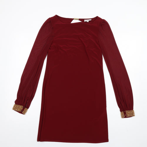 Apricot Womens Red Polyester A-Line Size 8 Round Neck Pullover - Beaded Cuffs Mesh Sleeves
