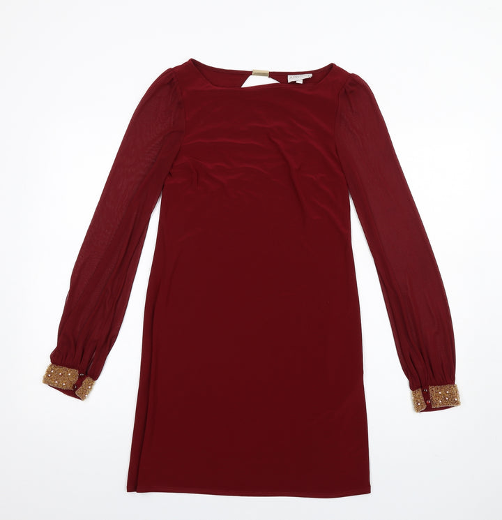 Apricot Womens Red Polyester A-Line Size 8 Round Neck Pullover - Beaded Cuffs Mesh Sleeves