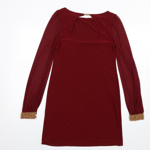 Apricot Womens Red Polyester A-Line Size 8 Round Neck Pullover - Beaded Cuffs Mesh Sleeves