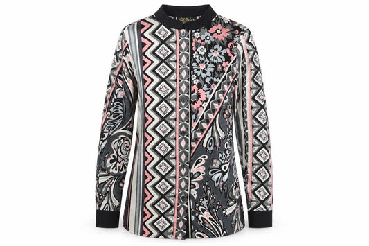 Front view of Bob Mackie women’s multicoloured geometric polyester basic button-up, size XS, round neck