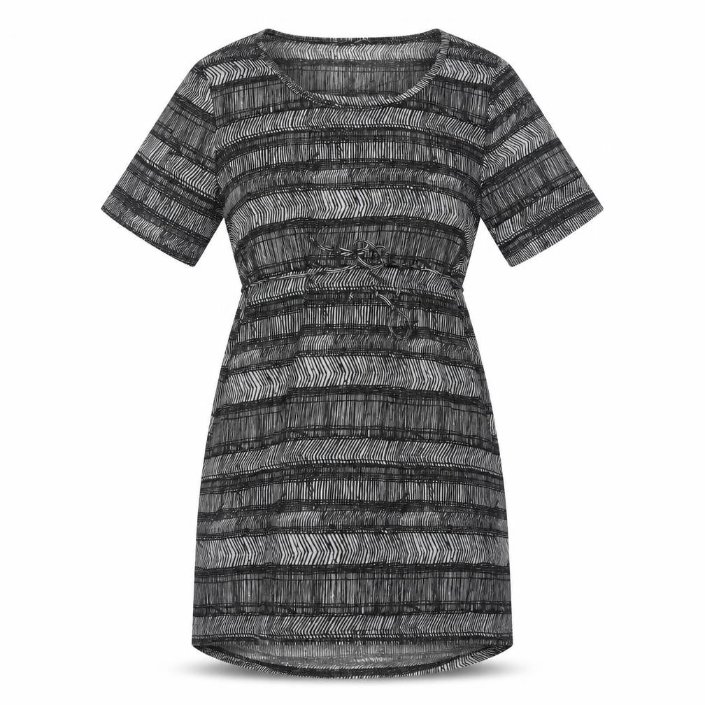 Front view of H&M women’s black geometric polyester t-shirt dress, size S, scoop neck pullover
