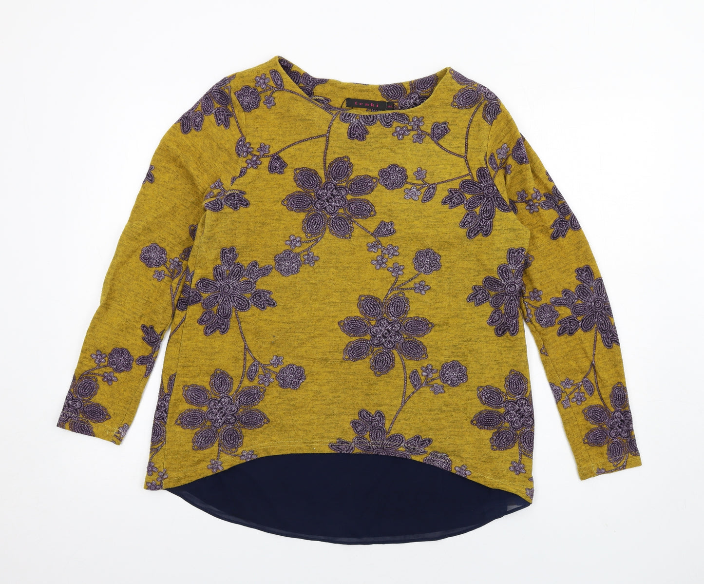 TENKI Womens Yellow Floral Cotton Basic T-Shirt Size M Round Neck