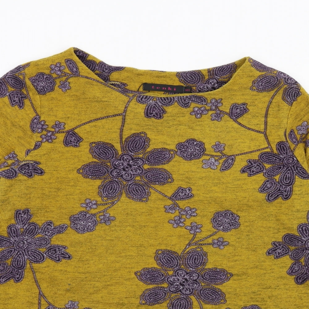 TENKI Womens Yellow Floral Cotton Basic T-Shirt Size M Round Neck