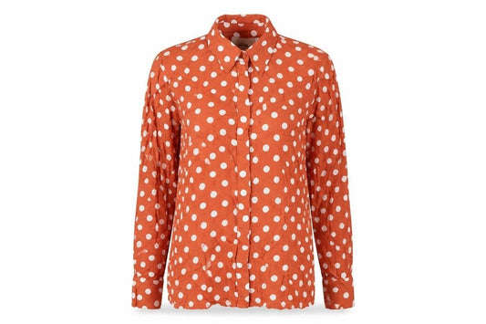 Front view of ASOS women’s orange polka dot viscose basic button-up, size UK 6, collared