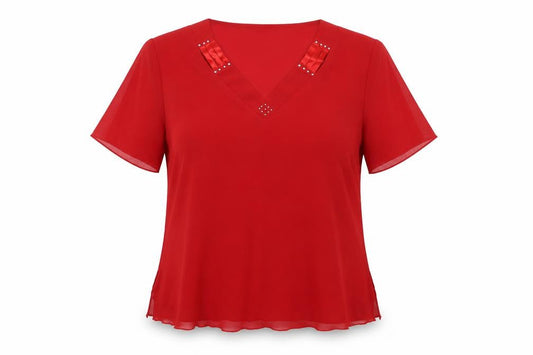 Front view of ID Collection women’s red polyester basic blouse, size UK 12, v-neck