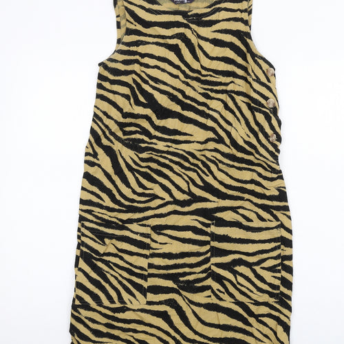 Marks and Spencer Womens Beige Animal Print Linen A-Line Size 6 Round Neck Button - Zebra Print