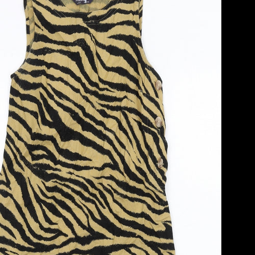 Marks and Spencer Womens Beige Animal Print Linen A-Line Size 6 Round Neck Button - Zebra Print