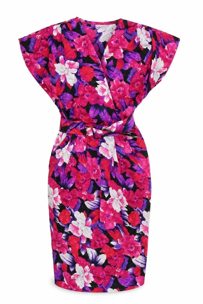 Front view of BHS women’s multicoloured floral polyester pencil dress, size UK 10, v-neck pullover
