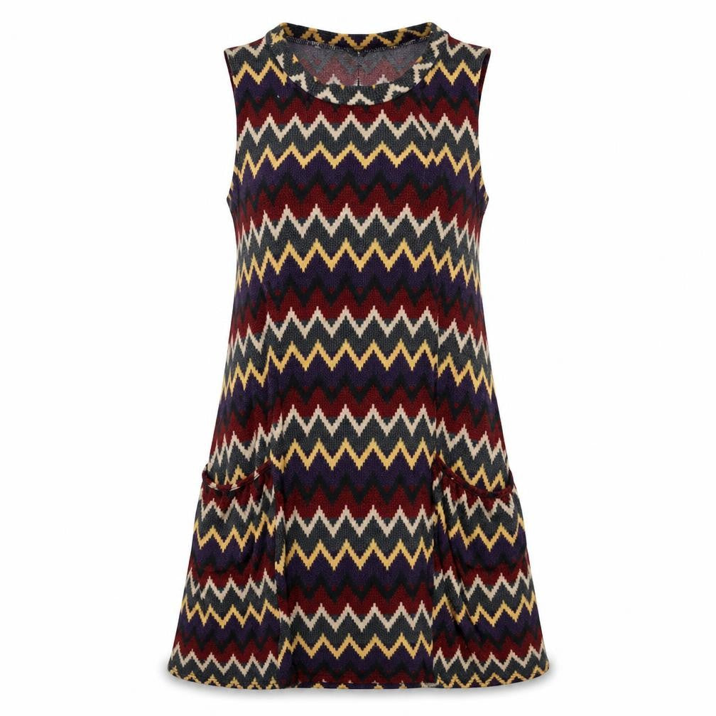 Front view of Izabel London women’s multicoloured chevron polyester a-line, size UK 8, round neck pullover