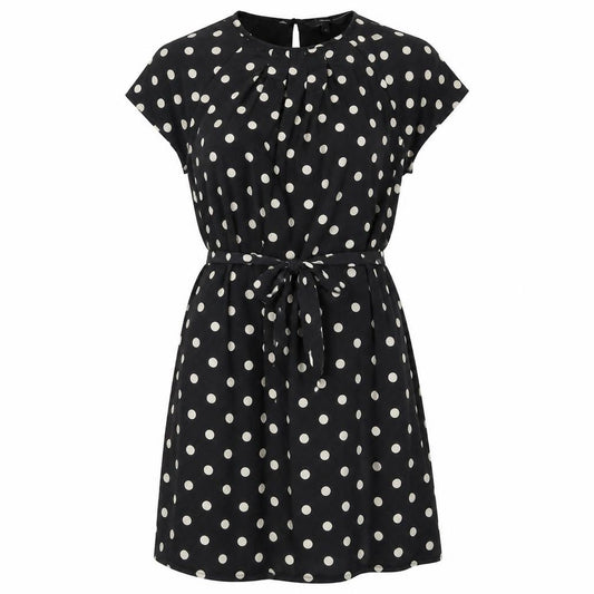 Front view of Vero Moda women’s black polka dot polyester a-line, size XS, round neck button