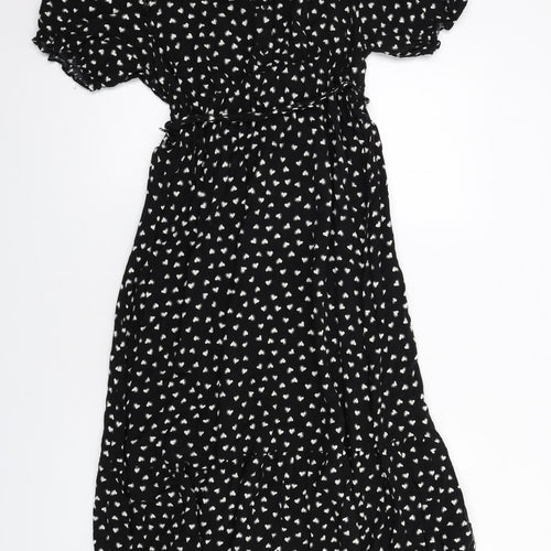 New Look Womens Black Geometric Viscose Shirt Dress Size 12 Collared Button - Heart Print