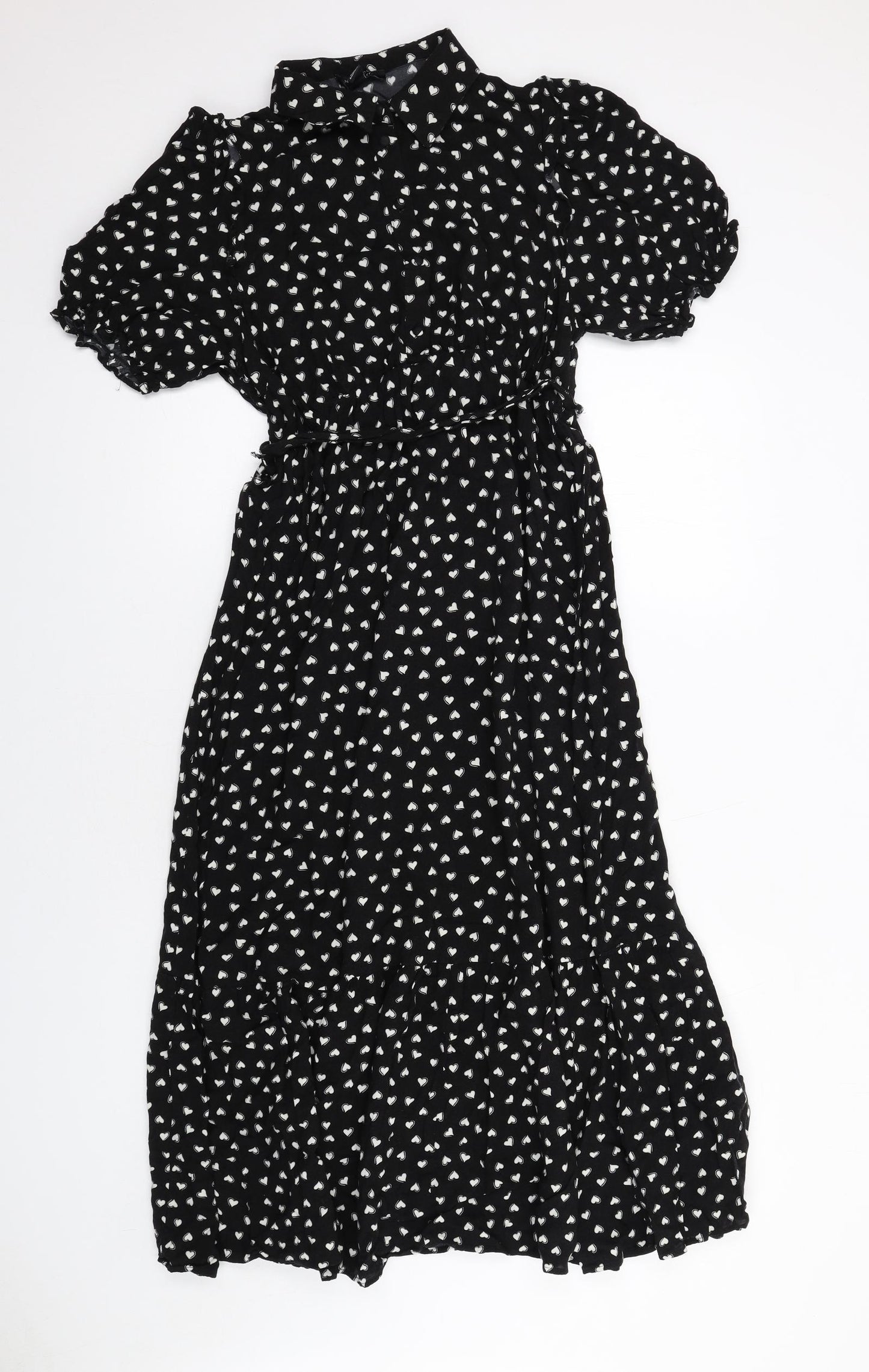 New Look Womens Black Geometric Viscose Shirt Dress Size 12 Collared Button - Heart Print