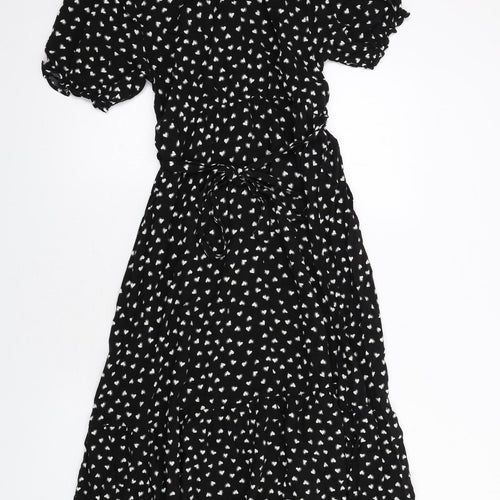 New Look Womens Black Geometric Viscose Shirt Dress Size 12 Collared Button - Heart Print