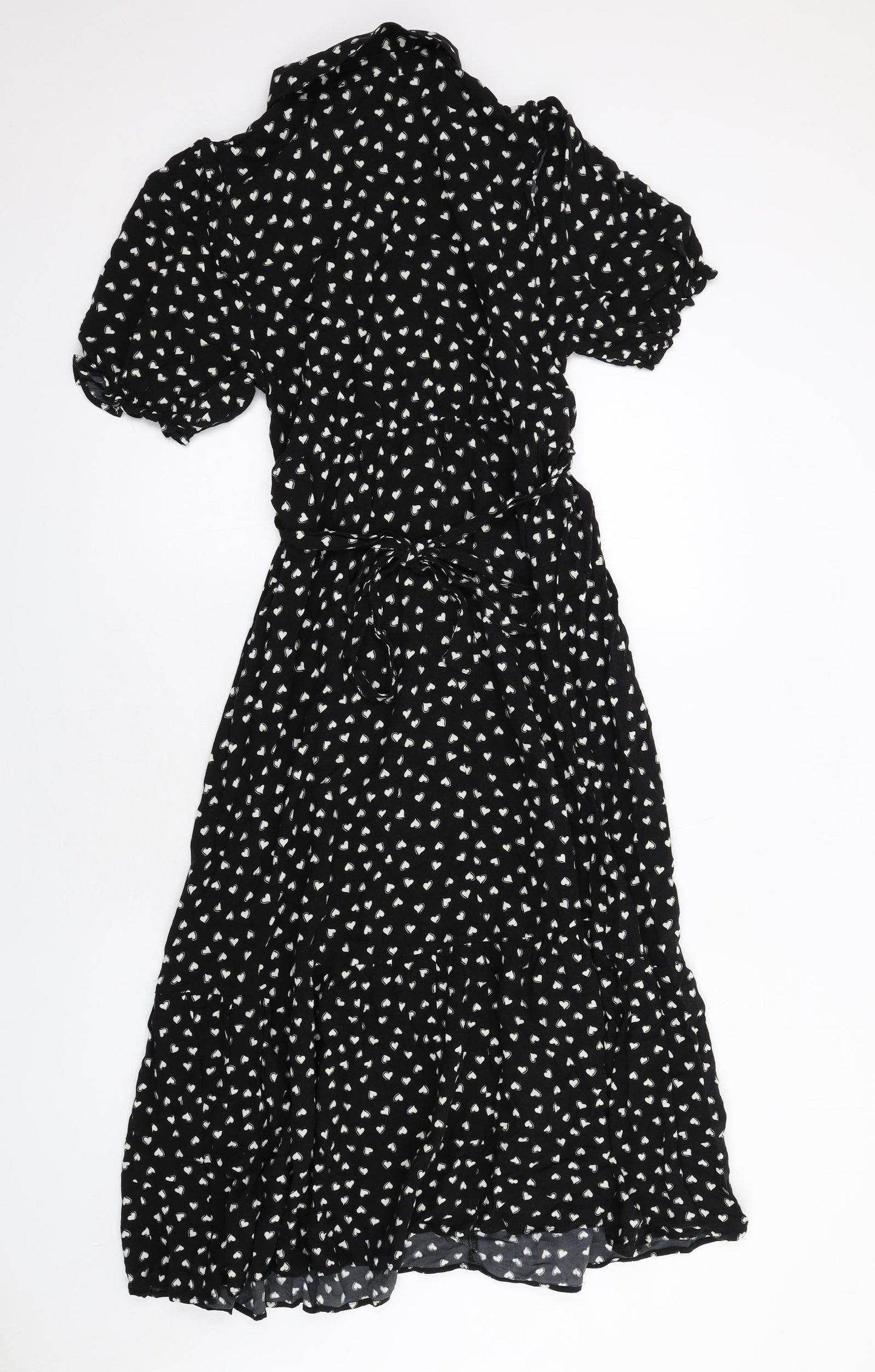 New Look Womens Black Geometric Viscose Shirt Dress Size 12 Collared Button - Heart Print