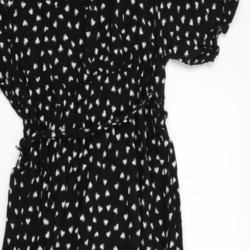 New Look Womens Black Geometric Viscose Shirt Dress Size 12 Collared Button - Heart Print