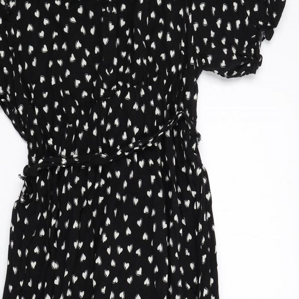 New Look Womens Black Geometric Viscose Shirt Dress Size 12 Collared Button - Heart Print
