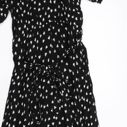 New Look Womens Black Geometric Viscose Shirt Dress Size 12 Collared Button - Heart Print