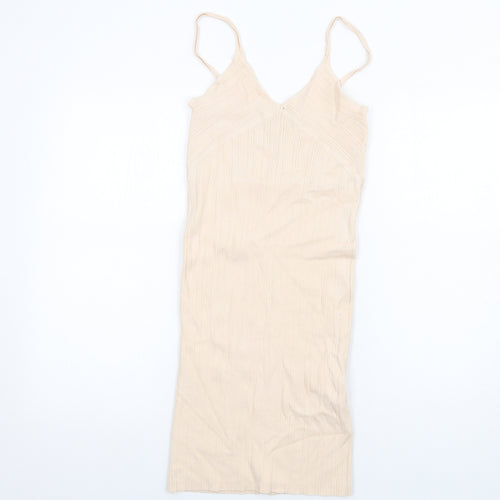 Bershka Womens Beige Viscose Bodycon Size L V-Neck Pullover