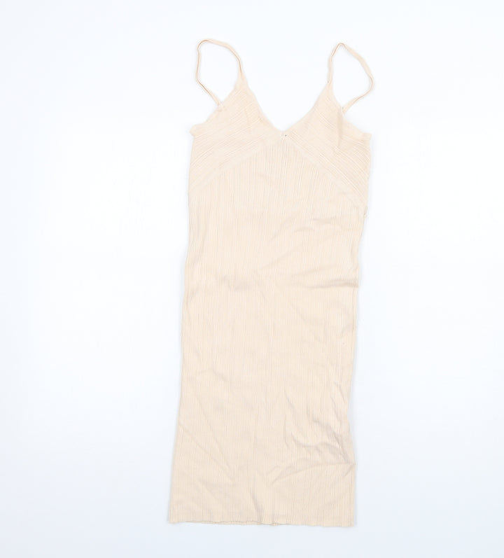 Bershka Womens Beige Viscose Bodycon Size L V-Neck Pullover
