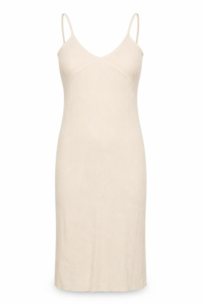 Front view of Bershka women’s beige viscose bodycon, size L, v-neck pullover