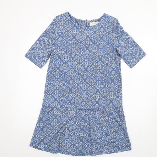 NEXT Womens Blue Geometric Polyester A-Line Size 8 Round Neck Zip