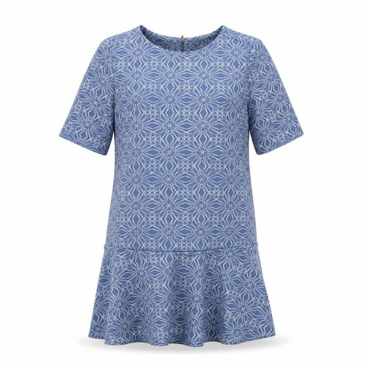 Front view of Next women’s blue geometric polyester a-line, size UK 8, round neck zip