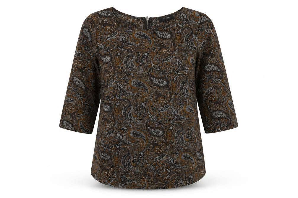 Front view of Selected Femme women’s brown paisley polyester basic t-shirt, size UK 12, round neck