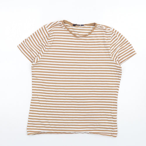 Marks and Spencer Womens Brown Striped Cotton Basic T-Shirt Size 14 Round Neck