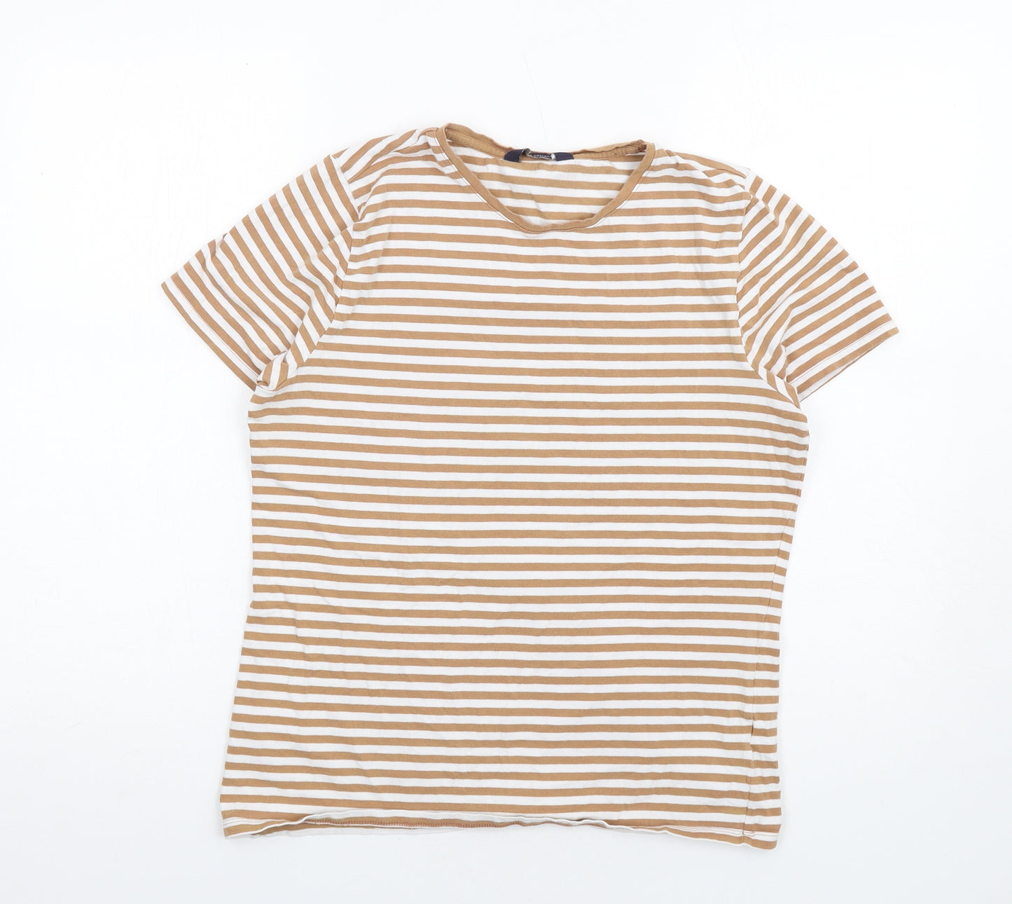 Marks and Spencer Womens Brown Striped Cotton Basic T-Shirt Size 14 Round Neck