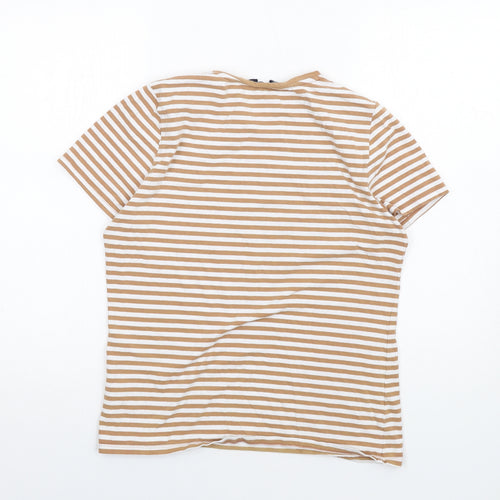 Marks and Spencer Womens Brown Striped Cotton Basic T-Shirt Size 14 Round Neck
