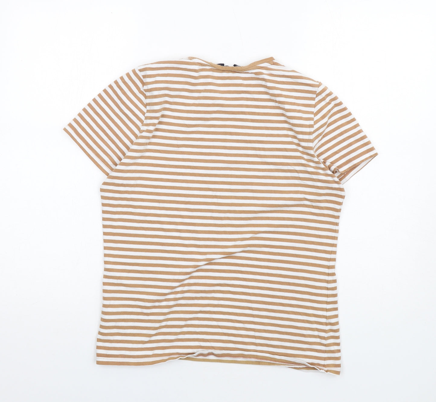 Marks and Spencer Womens Brown Striped Cotton Basic T-Shirt Size 14 Round Neck