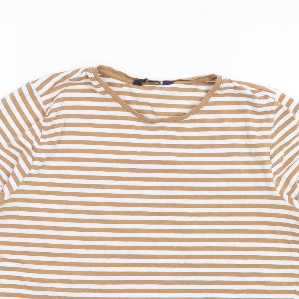 Marks and Spencer Womens Brown Striped Cotton Basic T-Shirt Size 14 Round Neck