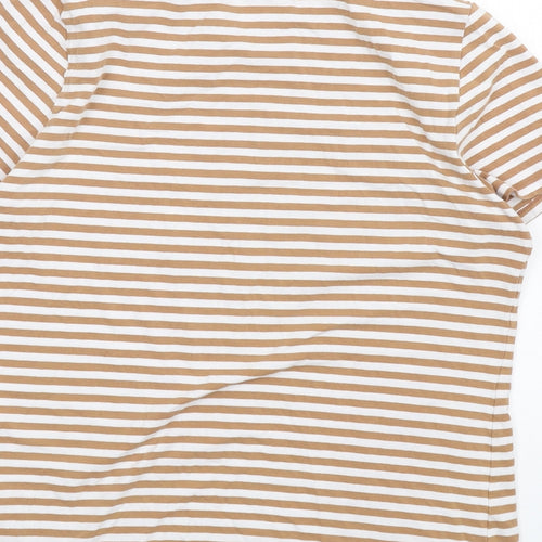 Marks and Spencer Womens Brown Striped Cotton Basic T-Shirt Size 14 Round Neck