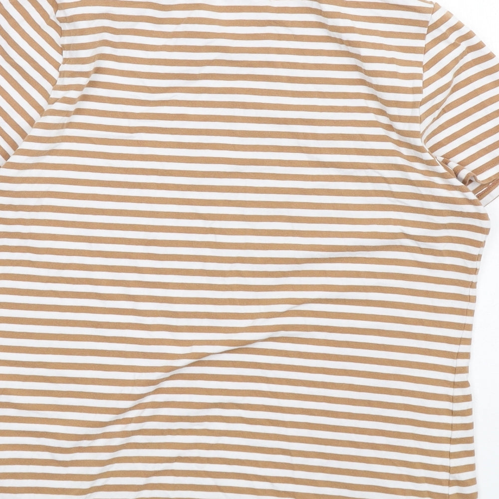 Marks and Spencer Womens Brown Striped Cotton Basic T-Shirt Size 14 Round Neck