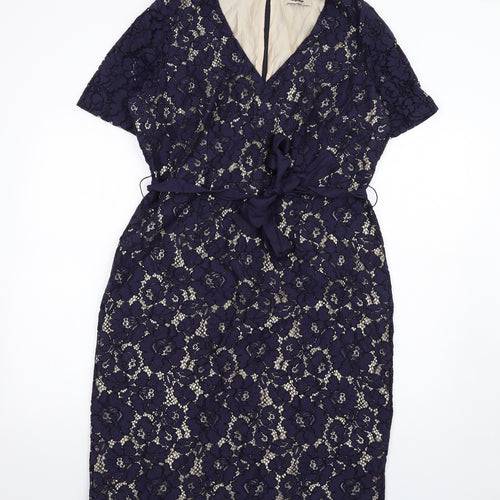 Per Una Womens Blue Cotton Pencil Dress Size 16 V-Neck Zip
