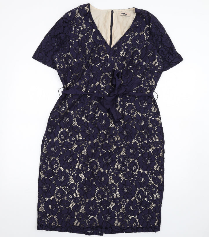Per Una Womens Blue Cotton Pencil Dress Size 16 V-Neck Zip