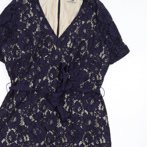 Per Una Womens Blue Cotton Pencil Dress Size 16 V-Neck Zip