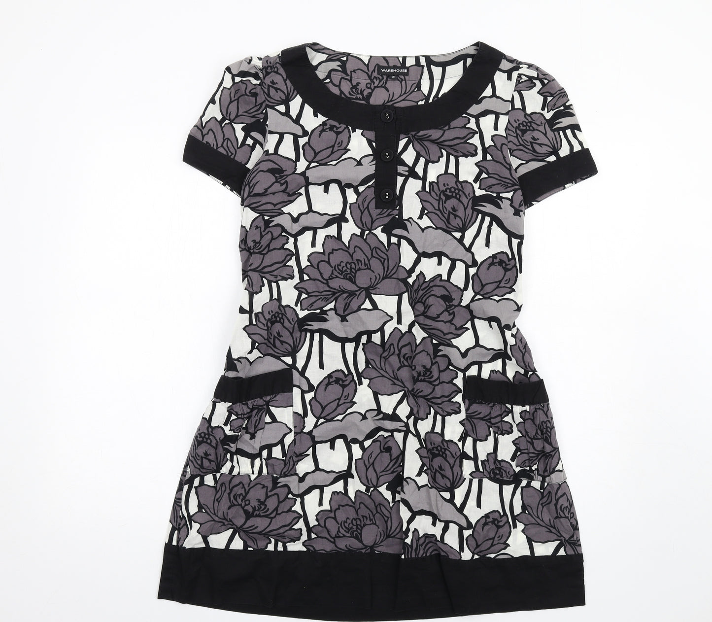 Warehouse Womens Grey Floral Cotton A-Line Size 10 Scoop Neck Pullover