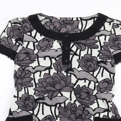 Warehouse Womens Grey Floral Cotton A-Line Size 10 Scoop Neck Pullover