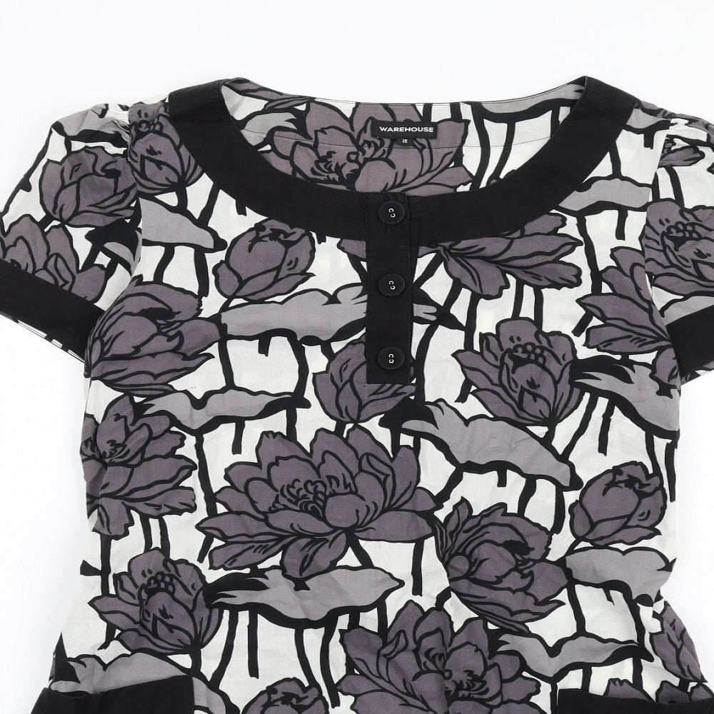 Warehouse Womens Grey Floral Cotton A-Line Size 10 Scoop Neck Pullover