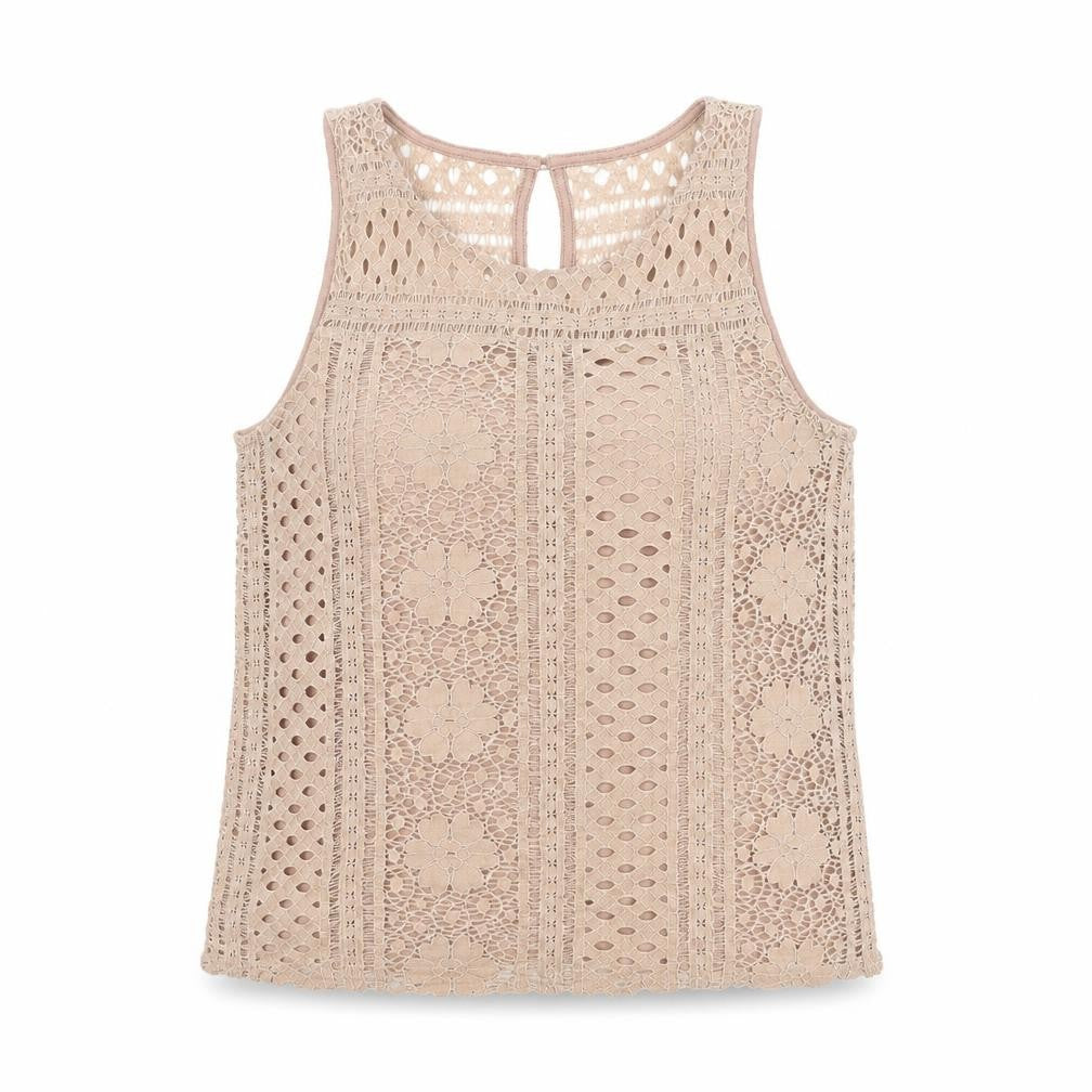 Front view of New Look women’s beige nylon basic tank, size UK 8, scoop neck