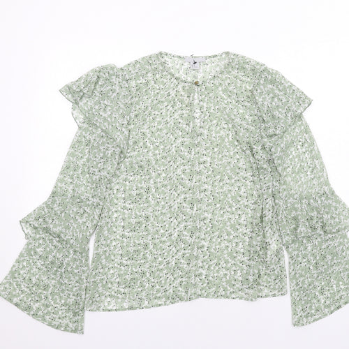 H&M Womens Green Floral Polyester Basic Blouse Size 14 Round Neck