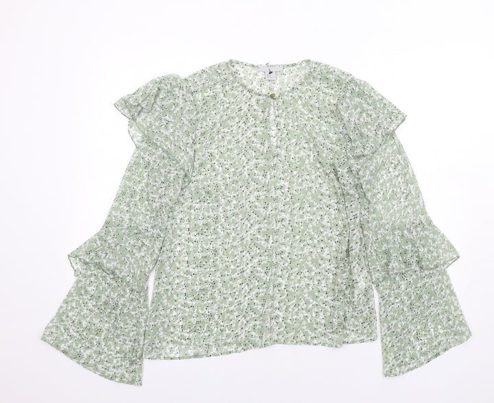 H&M Womens Green Floral Polyester Basic Blouse Size 14 Round Neck