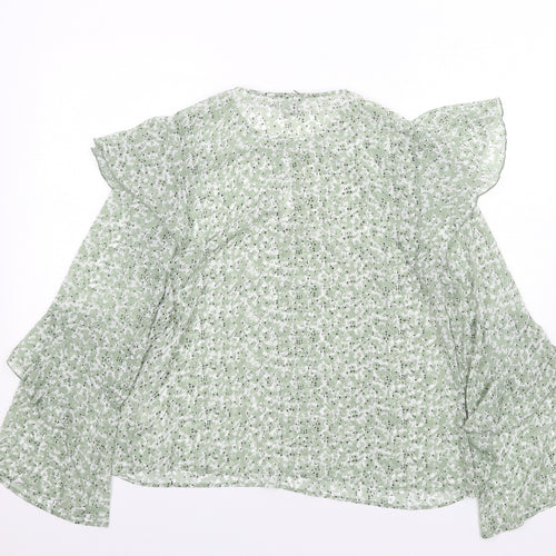 H&M Womens Green Floral Polyester Basic Blouse Size 14 Round Neck