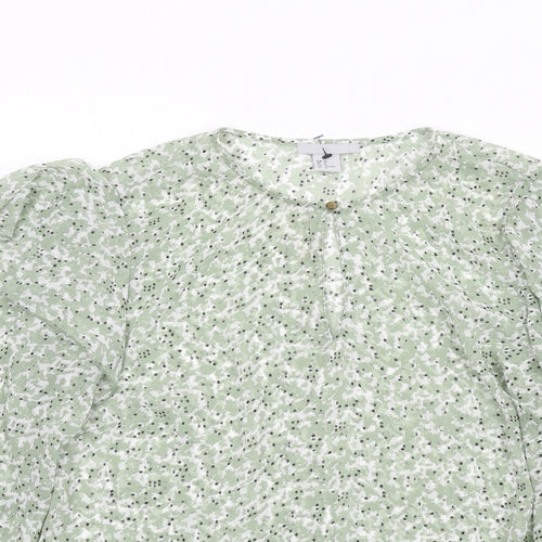 H&M Womens Green Floral Polyester Basic Blouse Size 14 Round Neck